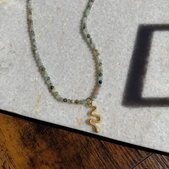 Multicolor Gemstone Beaded Necklace with Gold Snake Charm - Picture 3 of 5